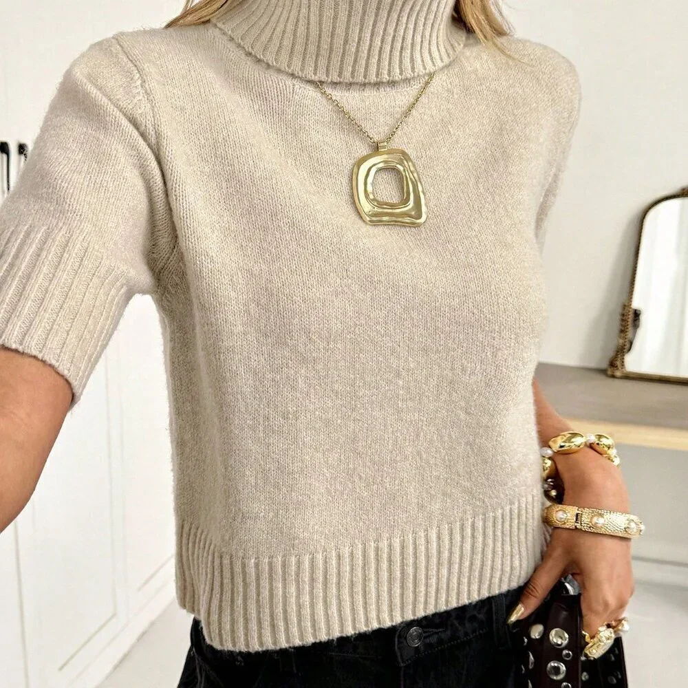 Apricot Preppy Women's Turtleneck Short Sleeve Knit Sweater